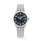 The Loyal Adventurer Pilot Watch features a black dial with luminous hands and markers, framed by a stainless steel case, reference 05C96MB01. This 40mm quartz watch pairs a stainless steel bracelet with a sapphire glass lens and 100m water resistance.