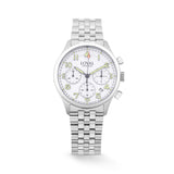 The Loyal Adventurer Chronograph Watch features a white dial with chronograph sub-dials, framed by a stainless steel case, reference 05C95MB01. This 40mm quartz watch pairs a stainless steel bracelet with a sapphire glass lens and 100m water resistance.