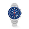 The Loyal Adventurer Chronograph Watch features a blue dial with chronograph sub-dials, framed by a stainless steel case and blue ceramic tachymeter bezel, reference 05D48GB01. This 43mm quartz watch pairs a stainless steel bracelet with a sapphire glass lens and 100m water resistance.