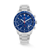 The Loyal Adventurer Chronograph Watch features a blue dial with chronograph sub-dials, framed by a stainless steel case and blue ceramic tachymeter bezel, reference 05D48GB01. This 43mm quartz watch pairs a stainless steel bracelet with a sapphire glass lens and 100m water resistance.
