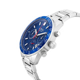 Three-quarter angle view of the Loyal Adventurer Chronograph Watch, reference 05D48GB01, showing the blue ceramic tachymeter bezel and stainless steel bracelet construction. The 43mm case and chronograph sub-dials are visible from this angle, highlighting the watch's motorsport-inspired design.