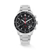 The Loyal Adventurer Chronograph Watch features a black dial with chronograph sub-dials, framed by a stainless steel case and black ceramic tachymeter bezel, reference 05D48GB01. This 43mm quartz watch pairs a stainless steel bracelet with a sapphire glass lens and 100m water resistance.