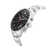 Three-quarter angle view of the Loyal Adventurer Chronograph Watch, reference 05D48GB01, showing the black ceramic tachymeter bezel and stainless steel bracelet construction. The 43mm case and chronograph sub-dials are visible from this angle, highlighting the watch's motorsport-inspired design.