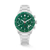The Loyal Adventurer Green Chronograph Watch features a green dial with chronograph sub-dials, framed by a stainless steel case and green ceramic tachymeter bezel, reference 05D48GB01. This 43mm quartz watch pairs a stainless steel bracelet with a sapphire glass lens and 100m water resistance.