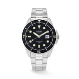 The Loyal Conqueror Steel Watch features a black dial with date function, framed by a stainless steel case and black ceramic bezel, reference 05C93GB01. This 44mm quartz watch pairs a matching bracelet with a sapphire glass lens and 200m water resistance.