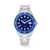 The Loyal Conqueror Steel Watch features a blue dial with date function, framed by a stainless steel case and blue ceramic bezel, reference 05C93GB01. This 44mm quartz watch pairs a matching bracelet with a sapphire glass lens and 200m water resistance.