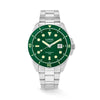 The Loyal Conqueror Steel Watch features a green dial with date function, framed by a stainless steel case and green ceramic bezel, reference 05C93GB01. This 44mm quartz watch pairs a matching bracelet with a sapphire glass lens and 200m water resistance.