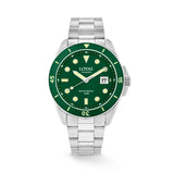 The Loyal Conqueror Steel Watch features a green dial with date function, framed by a stainless steel case and green ceramic bezel, reference 05C93GB01. This 44mm quartz watch pairs a matching bracelet with a sapphire glass lens and 200m water resistance.