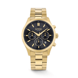 The Loyal Academy Gold PVD Men's Chronograph Watch features a black dial with chronograph sub-dials, reference 03R85MBZ1. This 40mm quartz watch pairs a gold-tone bracelet with a mineral glass lens and 100m water resistance.