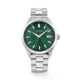 The Loyal Academy Steel Watch features a green dial with date function, reference 03R85MBZ2. This 40mm quartz watch pairs a stainless steel bracelet with a mineral glass lens and 100m water resistance.