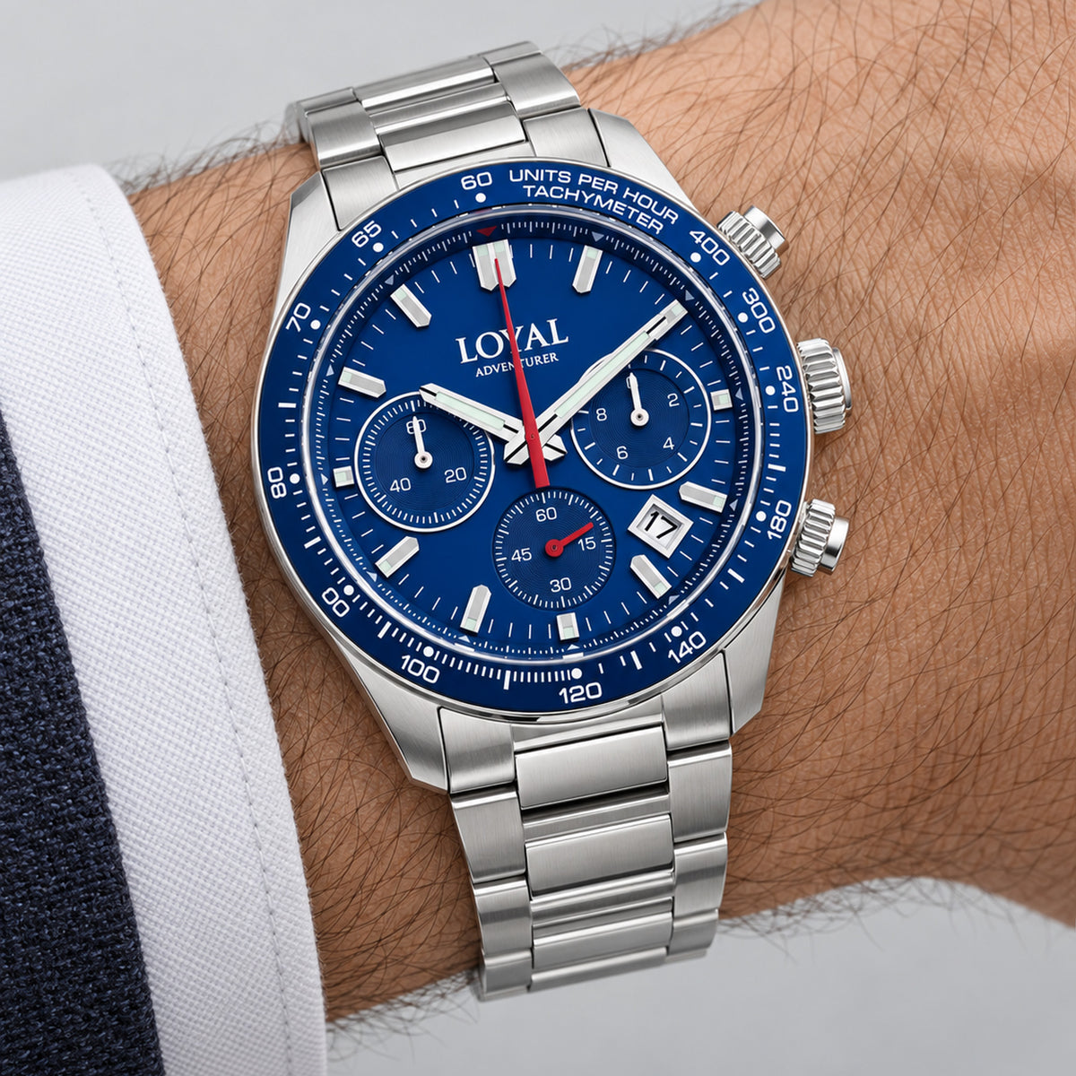 Loyal Adventurer Quartz Chronograph Men's 43mm Watch 05D48GBA1A - blue dial on wrist