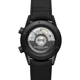 Back view of the Raymond Weil Freelancer GMT Worldtimer Men's 40.5mm Automatic Watch 2765-BKC-20001, showing its screw-down case back with sapphire crystal window. The window shows the RW3230 automatic movement, which gives the watch around 50 hours of power reserve.