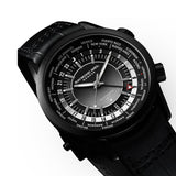 Three-quarter angle view of the Raymond Weil Freelancer GMT Worldtimer Men's 40.5mm Automatic Watch 2765-BKC-20001, showing the case profile and crown. The angle highlights the black DLC finish on the stainless steel case and its slim profile.