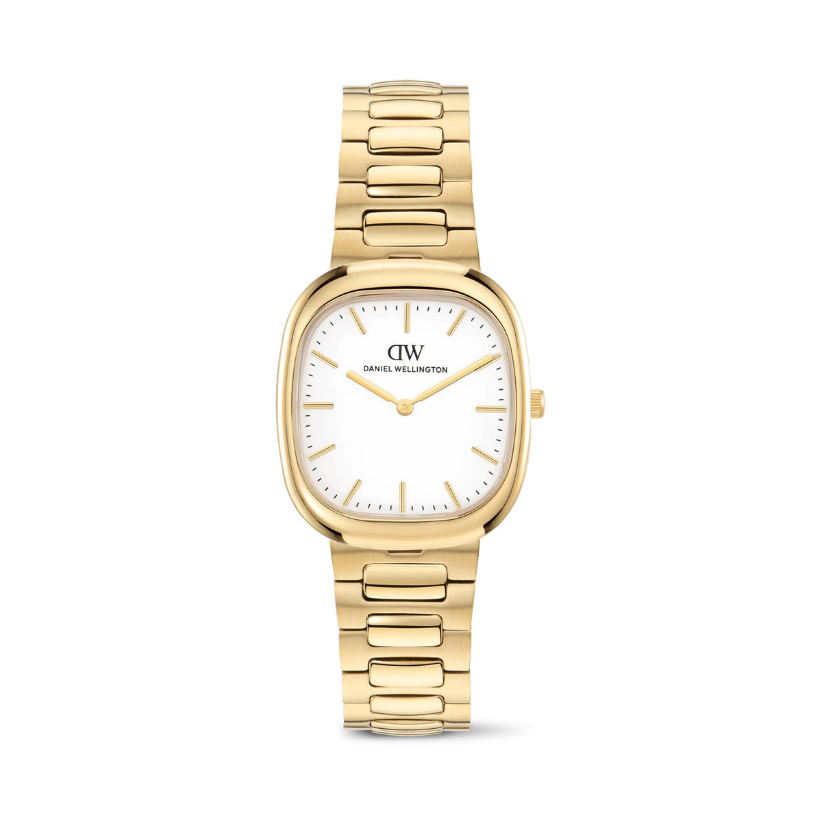 Front view of the Daniel Wellington Cort H-Link Women’s 30mm Quartz Watch DW00100985, showing the gold cushion-shaped case and off-white sunray dial. The polished gold H-link bracelet is shown in full beneath the case.