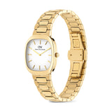 Three-quarter angle view of the Daniel Wellington Cort H-Link Women’s 30mm Quartz Watch DW00100985, highlighting the soft square edges of the gold cushion case. The off-white sunray dial and gold H-link bracelet are visible from this angle.