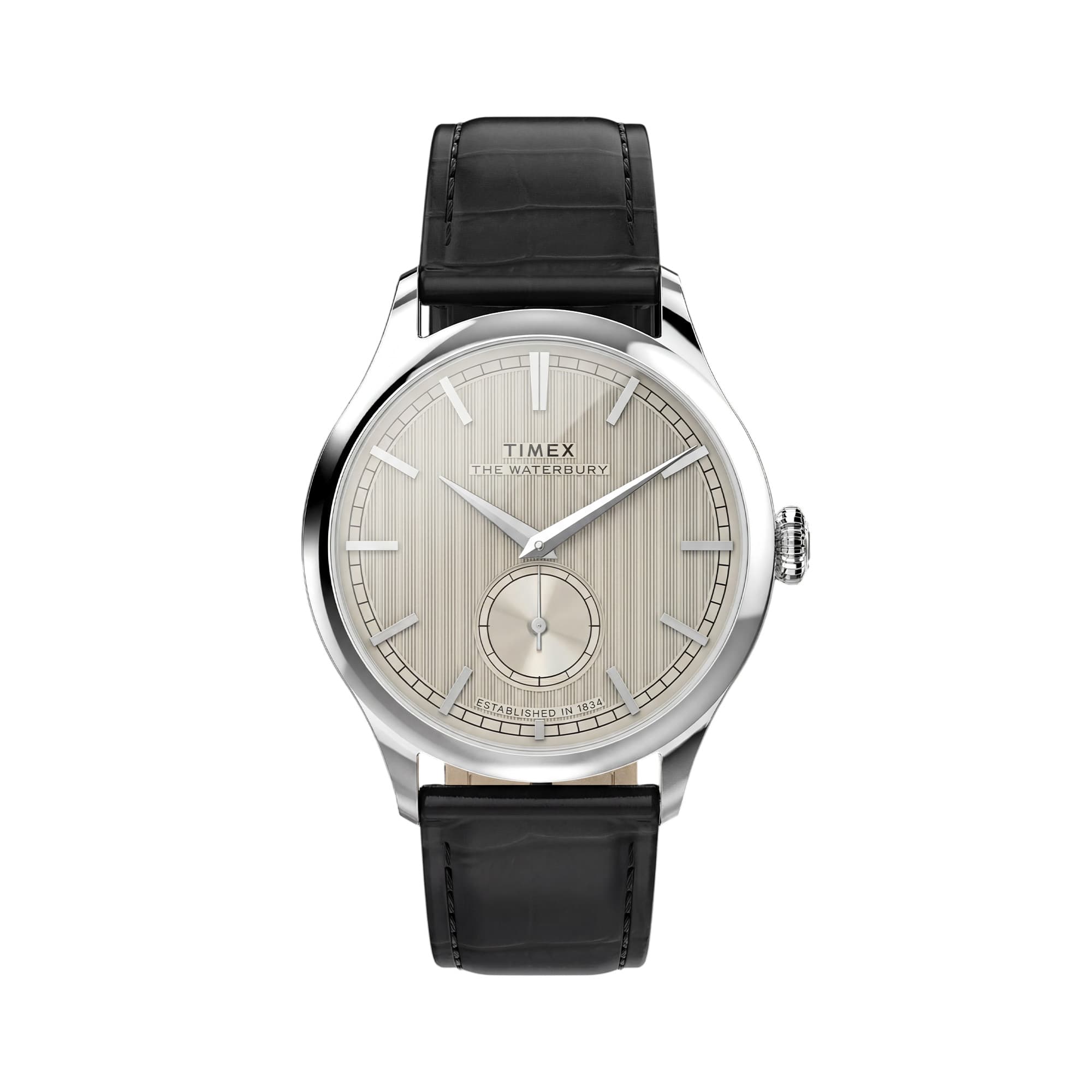 The Timex Waterbury Traditional Quartz 39mm Watch TW2Y92000 features a textured white dial with a pronounced silver-tone handset and matching hour markers. A sub-second dial sits at 6 o'clock.