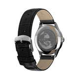 The Timex Waterbury Traditional Quartz 39mm Watch TW2Y92000 features a black leather strap responsibly sourced from the Leather Working Group, finished with a crocodile grain texture and secured with a buckle clasp.