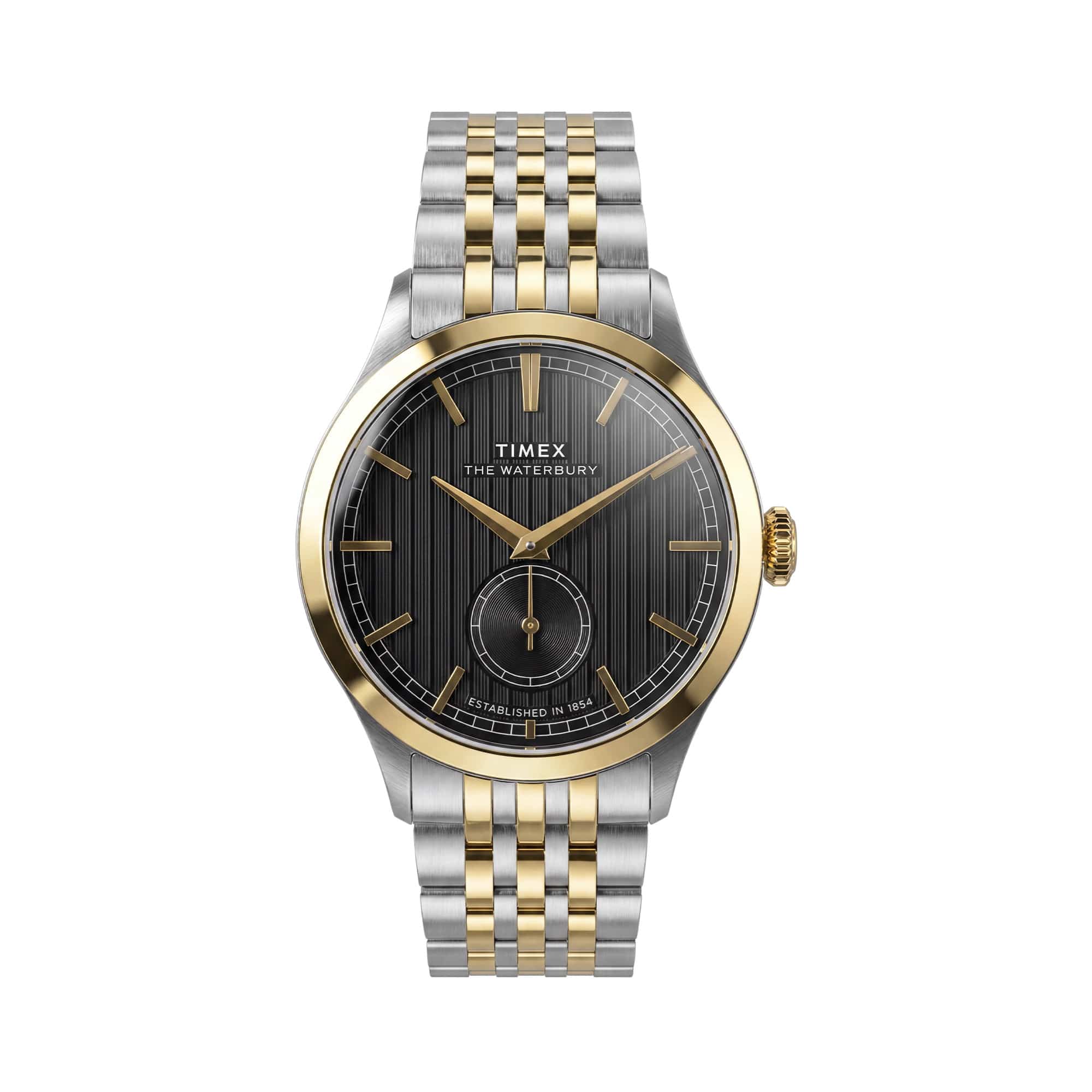 The Timex Waterbury Traditional Quartz 39mm Watch TW2Y91900 features a textured black dial with a pronounced gold-tone handset and matching hour markers. A sub-second dial sits at 6 o'clock.