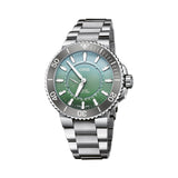 Oris Aquis Dat Watt Limited Edition II Men’s Automatic 43.50mm Watch 743 7734 4197-SET, green dial with small seconds and circular date on a stainless steel bracelet.