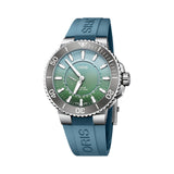 Oris Aquis Dat Watt Limited Edition II Men’s Automatic 43.50mm Watch 743 7734 4197-SET shown with the included blue rubber strap and strap change tool.