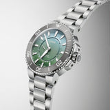 Oris Aquis Dat Watt Limited Edition II Men’s Automatic 43.50mm Watch 743 7734 4197-SET, three-quarter view of the tungsten bezel ring and screw-down crown with protection.