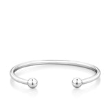 A polished sterling silver open bangle shown front on, with a round shape and a ball at each end. 4mm wide and 65mm in size.