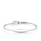 A children’s solid sterling silver ID bangle shown front on, 47mm in diameter and 1.8mm wide, with a smooth surface ready for engraving and an adjustable chain.