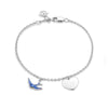 Front-on view of the Wallace Bishop Bluebird of Happiness Heart Bracelet in Sterling Silver for children, reference 32BLBB01, measuring 160mm in length. A small blue enamel bluebird and a polished silver heart are shown as solid charms.