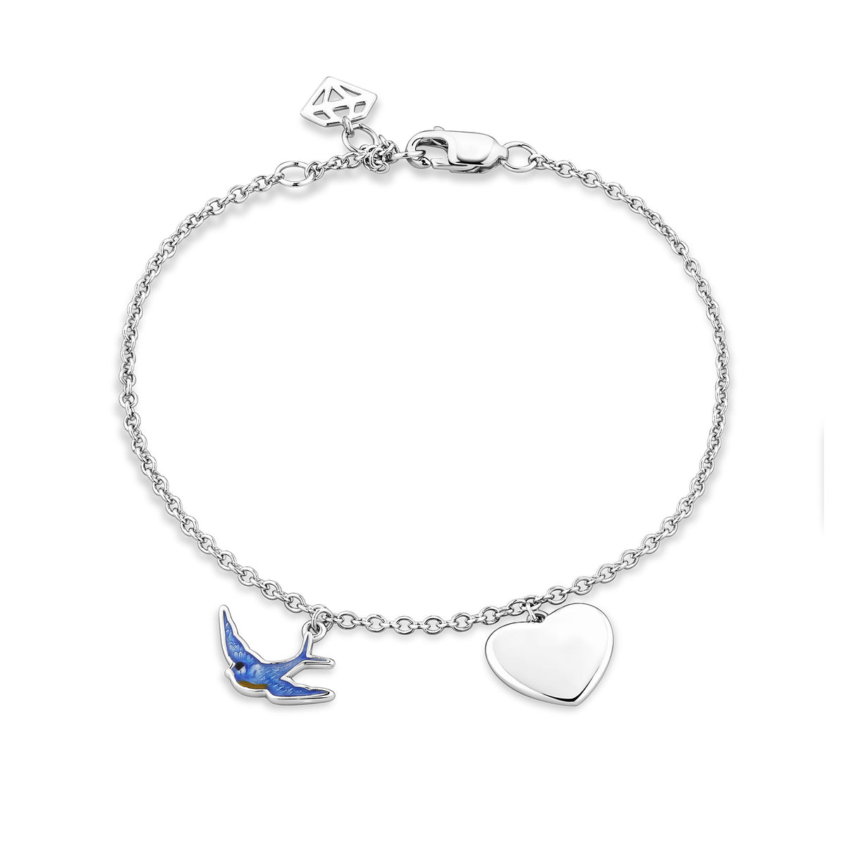 Front-on view of the Wallace Bishop Bluebird of Happiness Heart Bracelet in Sterling Silver for children, reference 32BLBB01, measuring 160mm in length. A small blue enamel bluebird and a polished silver heart are shown as solid charms.