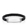 A gents black braided leather bracelet shown front on, featuring a polished sterling silver ID bar with rope-style detailing at each end.