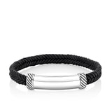 A gents black braided leather bracelet shown front on, featuring a polished sterling silver ID bar with rope-style detailing at each end.