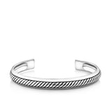 A gents solid sterling silver cuff shown front on, featuring a rope design along the front with polished edges. Rhodium plated and 8.80mm wide, available in 65mm or 70mm.