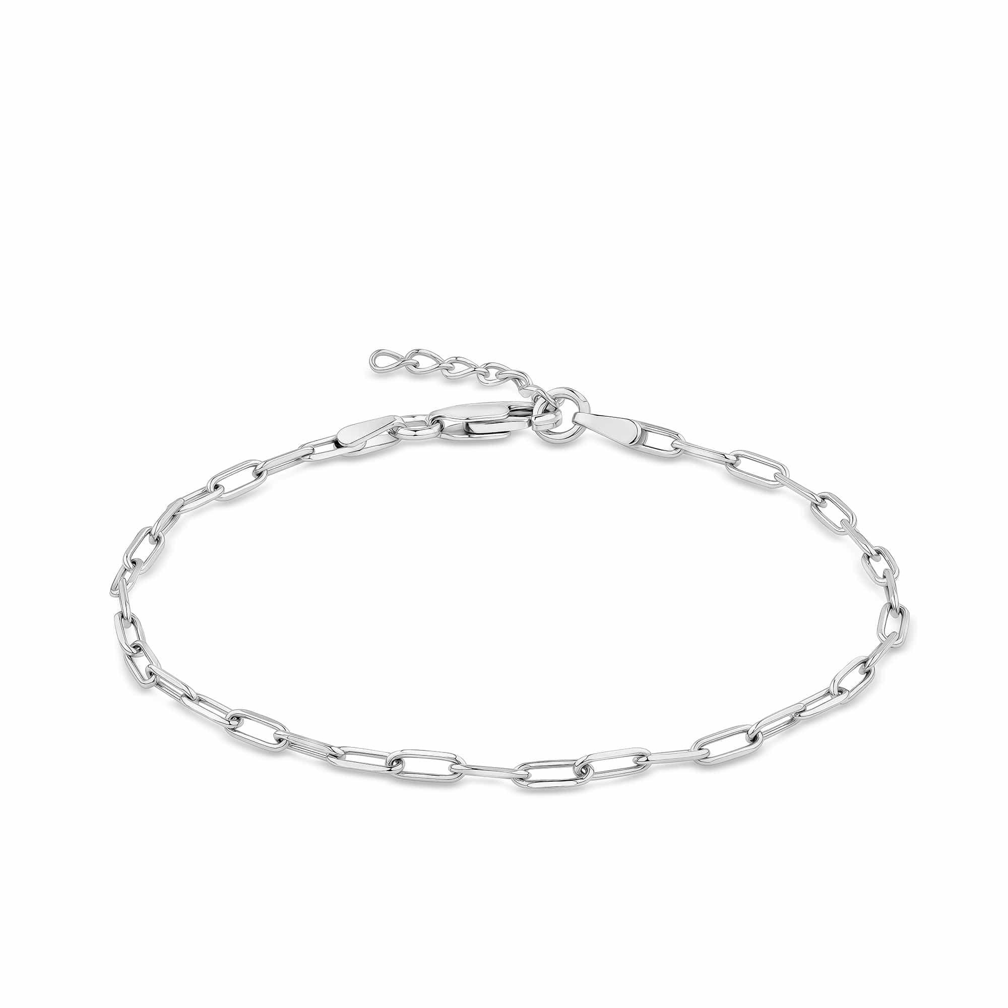 Paperclip Bracelet in Sterling Silver, photographed front on against a plain background. The bracelet features elongated polished paperclip-style links fastened with a classic parrot clasp, shown at its adjustable 19cm length.