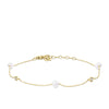 Front-on view of the Wallace Bishop Freshwater Pearl & Cubic Zirconia Bezel Bracelet in 9ct Yellow Gold, reference 33BLCZ06Y, on a cable chain with a parrot clasp. The bracelet features stationed round freshwater pearls and bezel-set round cubic zirconias.