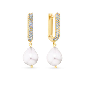 Freshwater Pearl & Cubic Zirconia Drop Huggie Earrings in 9ct Yellow Gold