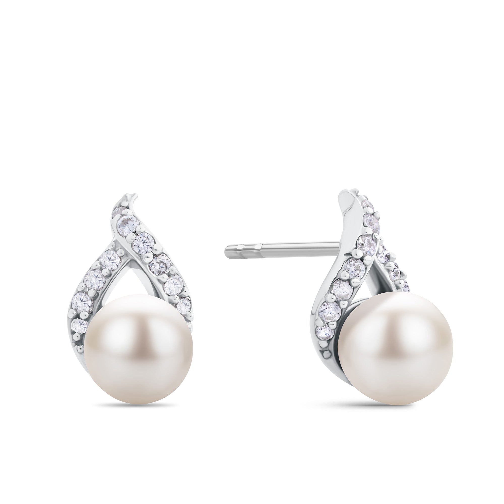 Freshwater Pearl and Cubic Zirconia Twist Stud Earrings in Sterling Silver