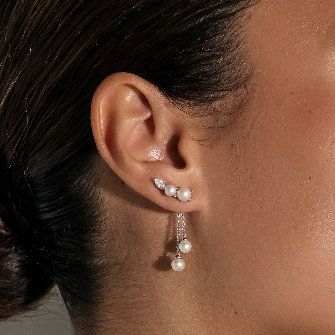 Freshwater Pearl & Cubic Zirconia Drop Stud Earrings in Sterling Silver