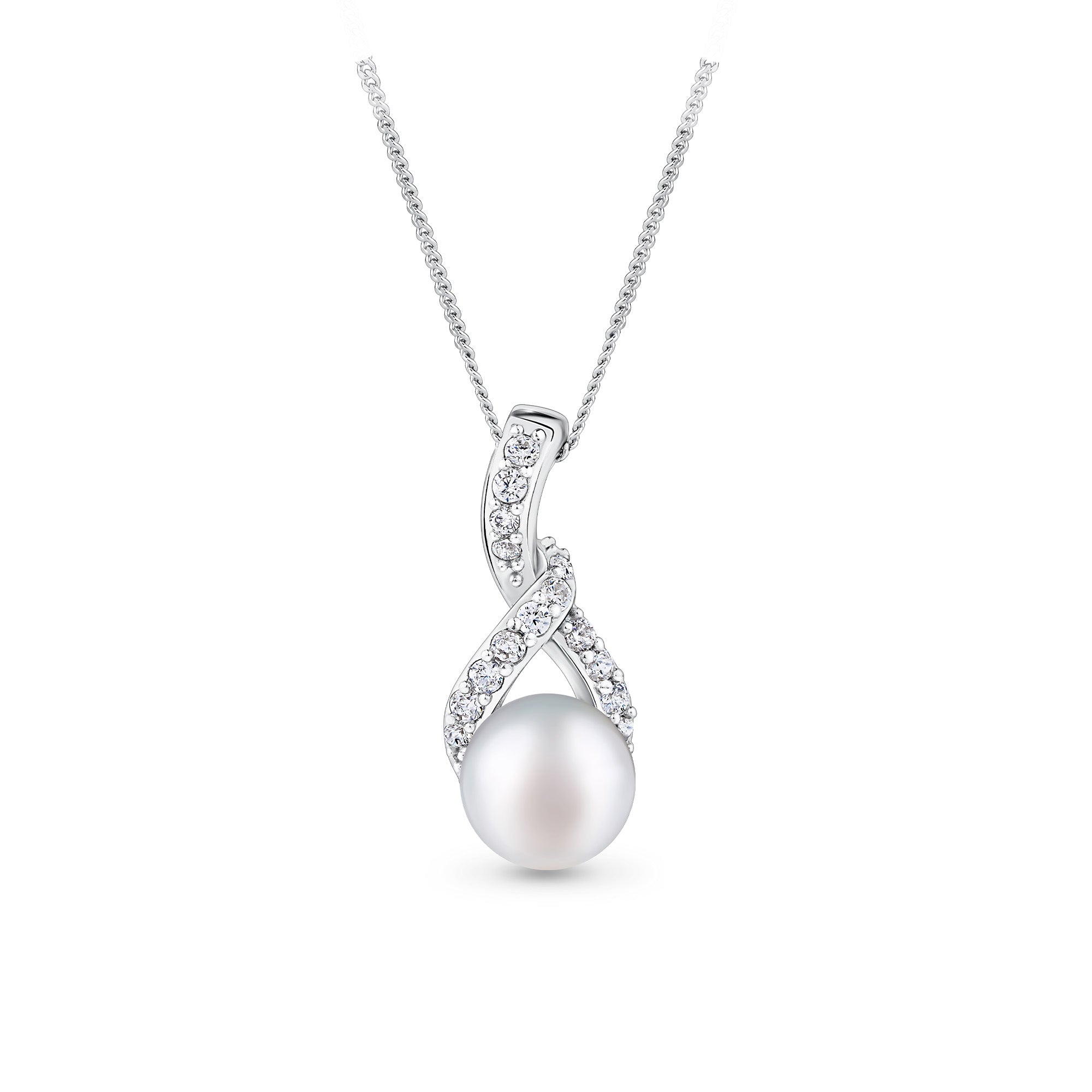 Freshwater Pearl and Cubic Zirconia Twist Pendant in Sterling Silver