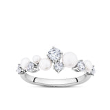 Front-on view of the Wallace Bishop Freshwater Pearl & Cubic Zirconia Ring in Sterling Silver, reference 33RGCZ36O, on a polished band. The ring features a claw-set cluster of different sized round freshwater pearls and round cubic zirconias.