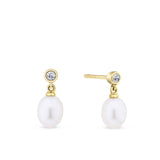 Front-on view of the Wallace Bishop Freshwater Pearl & Cubic Zirconia Bezel Drop Earrings in 9ct Yellow Gold, reference 33ECZ06Y, secured with a butterfly back. Each earring features a bezel-set round cubic zirconia stud with an 8x6mm freshwater pearl drop.