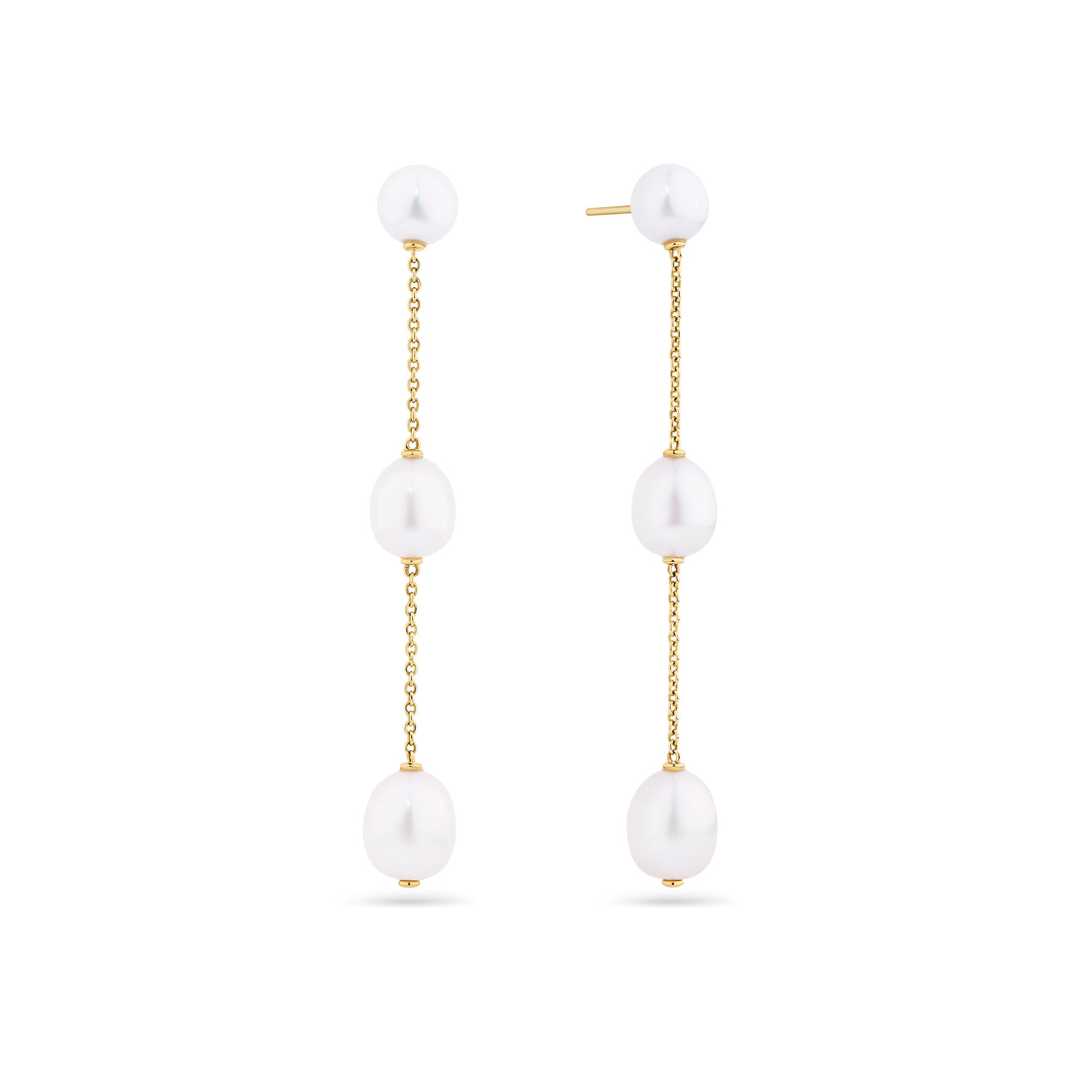 Freshwater Pearl Stationed Drop Earrings in 9ct Yellow Gold