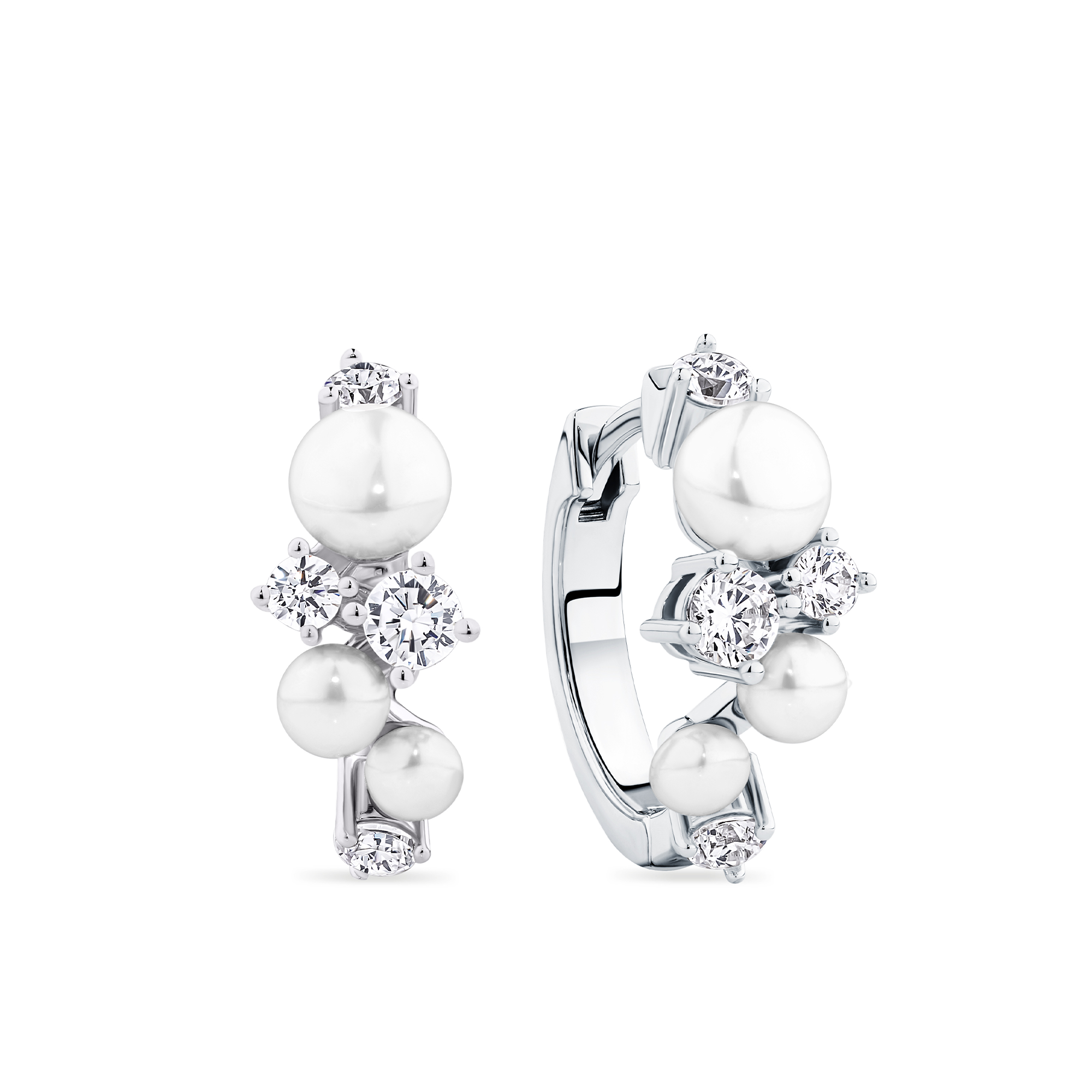 Freshwater Pearl and Cubic Zirconia Scattered Huggie Earrings in Sterling Silver Rhodium Plate