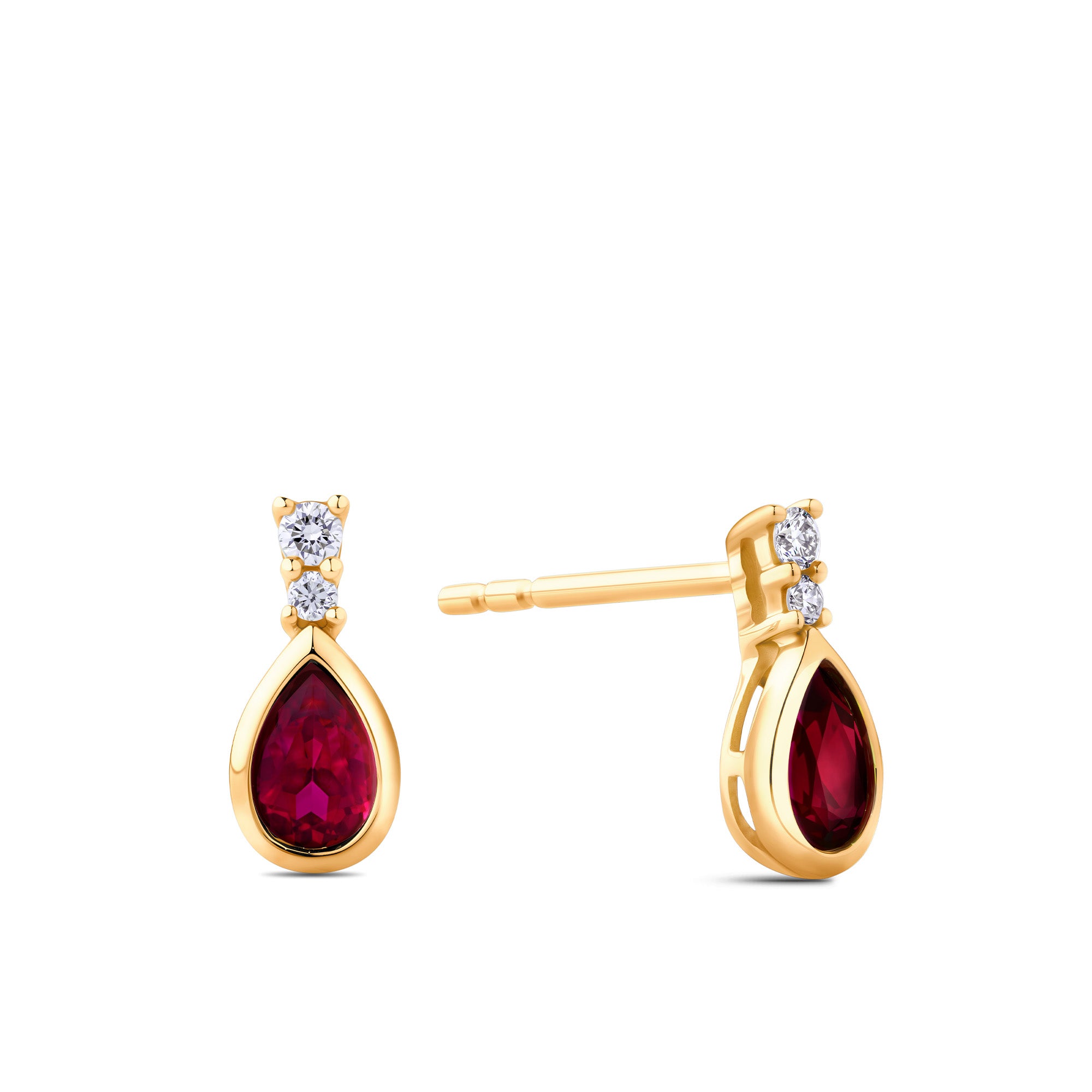 Pear Created Ruby & Diamond Bezel Set Earrings in 9ct Yellow Gold