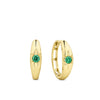 Front-on view of the Wallace Bishop Created Emerald Starburst Huggies in 9ct Yellow Gold, reference 34ERSBEY, measuring 14.50mm in length. Each huggie holds a 2.5mm round created emerald in a star hammer setting.