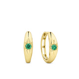 Front-on view of the Wallace Bishop Created Emerald Starburst Huggies in 9ct Yellow Gold, reference 34ERSBEY, measuring 14.50mm in length. Each huggie holds a 2.5mm round created emerald in a star hammer setting.