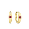 Front-on view of the Wallace Bishop Created Ruby Starburst Huggies in 9ct Yellow Gold, reference 34ERSBRY, measuring 14.50mm in length. Each huggie holds a 2.5mm round created ruby in a star hammer setting.