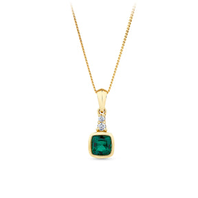 Cushion Created Emerald & Diamond Drop Pendant in 9ct Yellow Gold