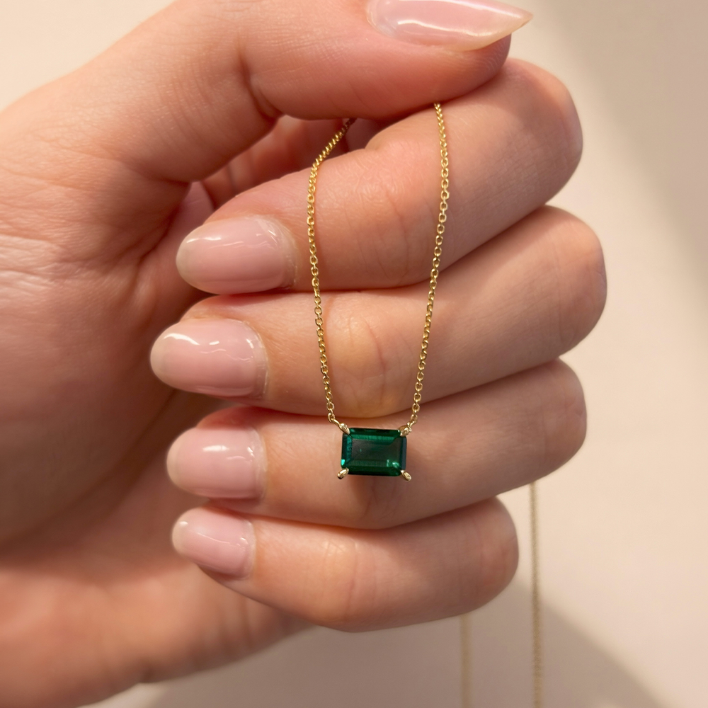 Created Emerald Claw Set Necklace in 9ct Yellow Gold