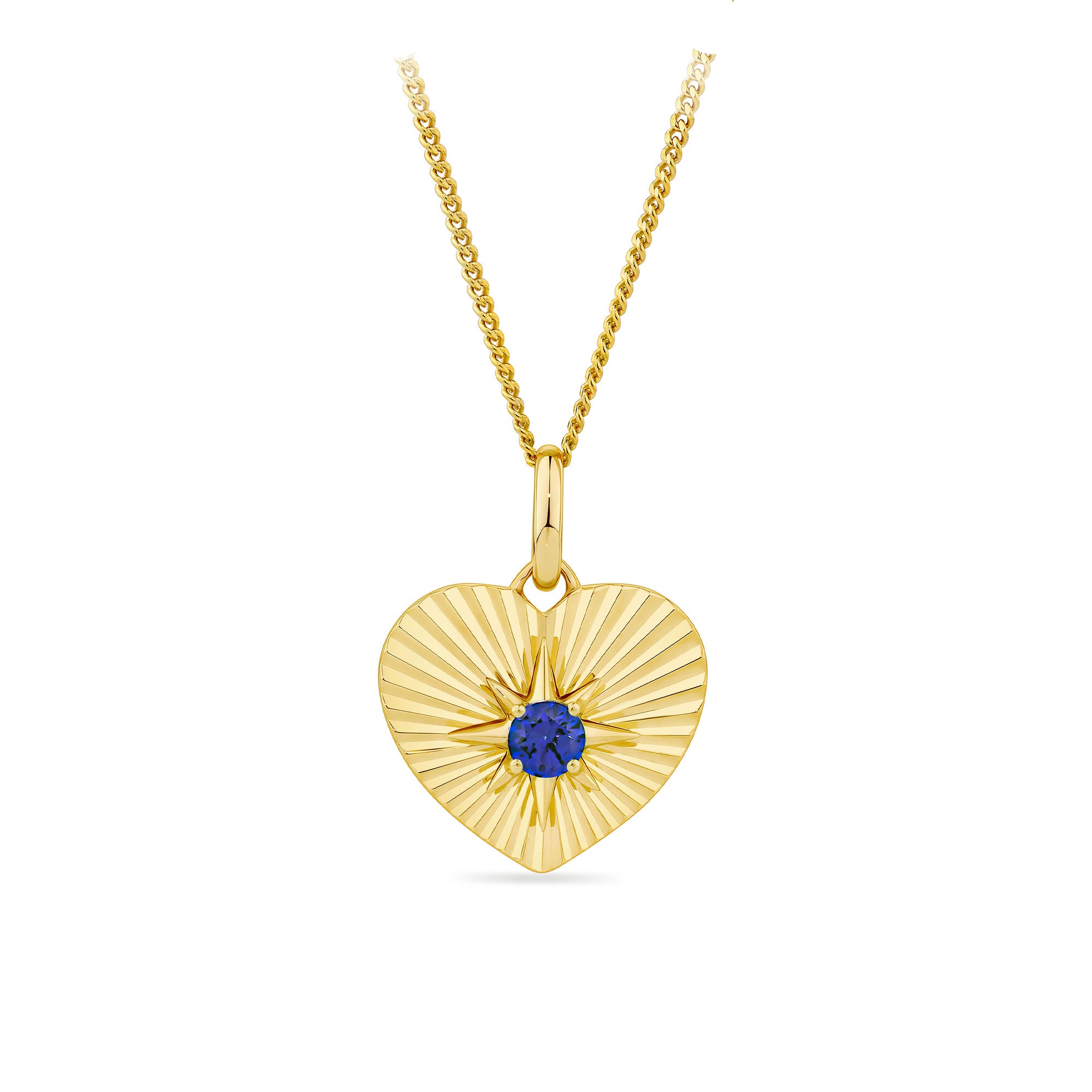 Created Sapphire Heart Starbust Pendant in 9ct Yellow Gold