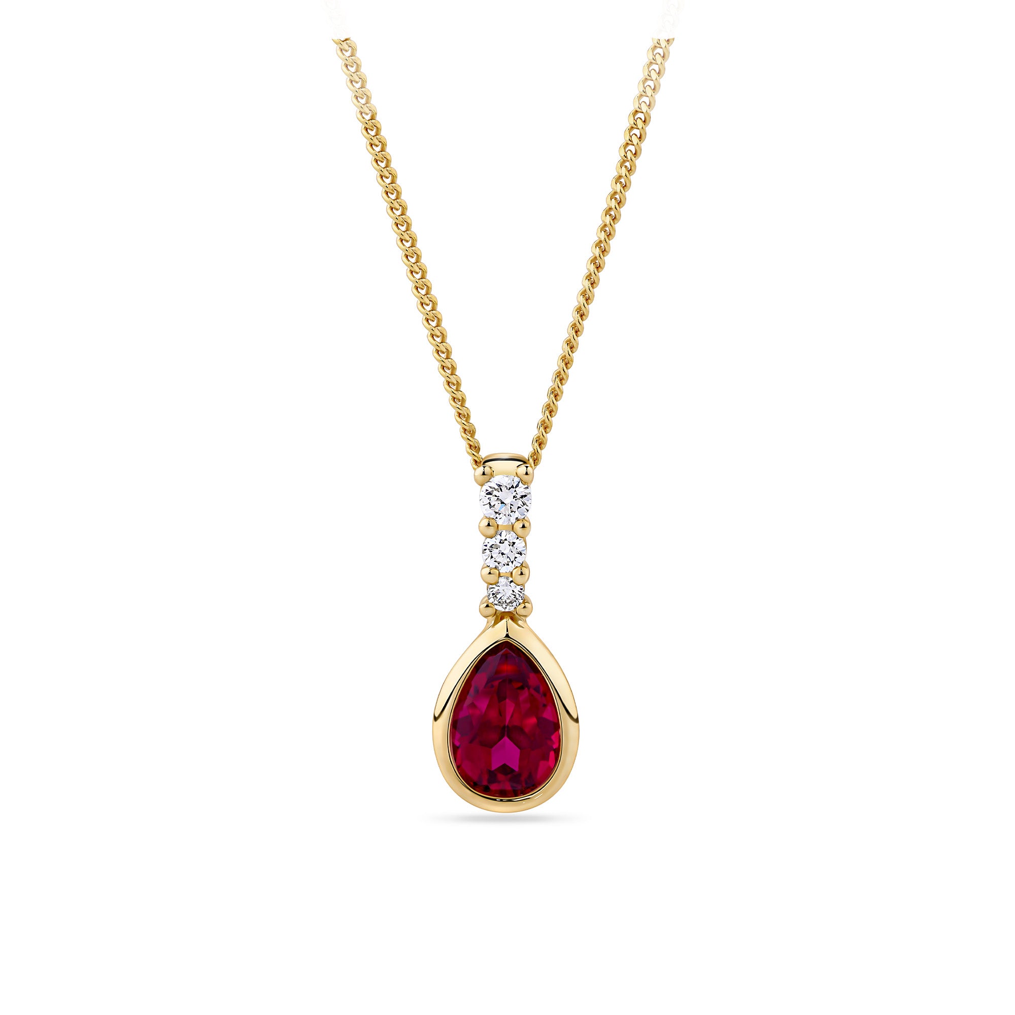 Pear Created Ruby & Diamond Bezel Set Pendant in 9ct Yellow Gold
